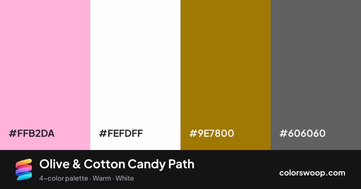 Olive & Cotton Candy Path color palette card: Cotton Candy #FFB2DA, White #FEFDFF, Olive #9E7800, Storm #606060