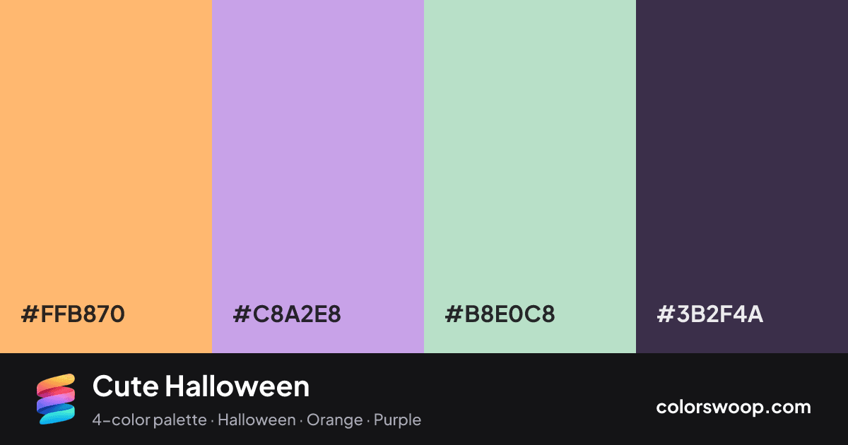Cute Halloween color palette card: Cantaloupe #FFB870, Wisteria #C8A2E8, Celadon #B8E0C8, Gunmetal #3B2F4A
