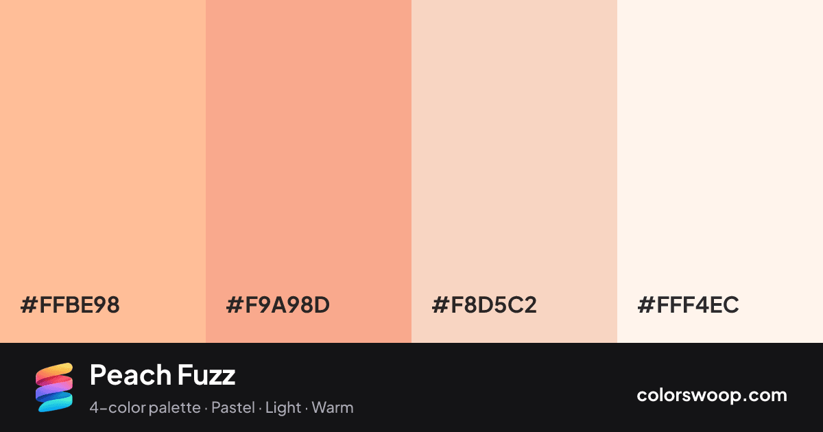 Peach Fuzz color palette card: Melon #FFBE98, Dusty Rose #F9A98D, Peach Puff #F8D5C2, Linen #FFF4EC