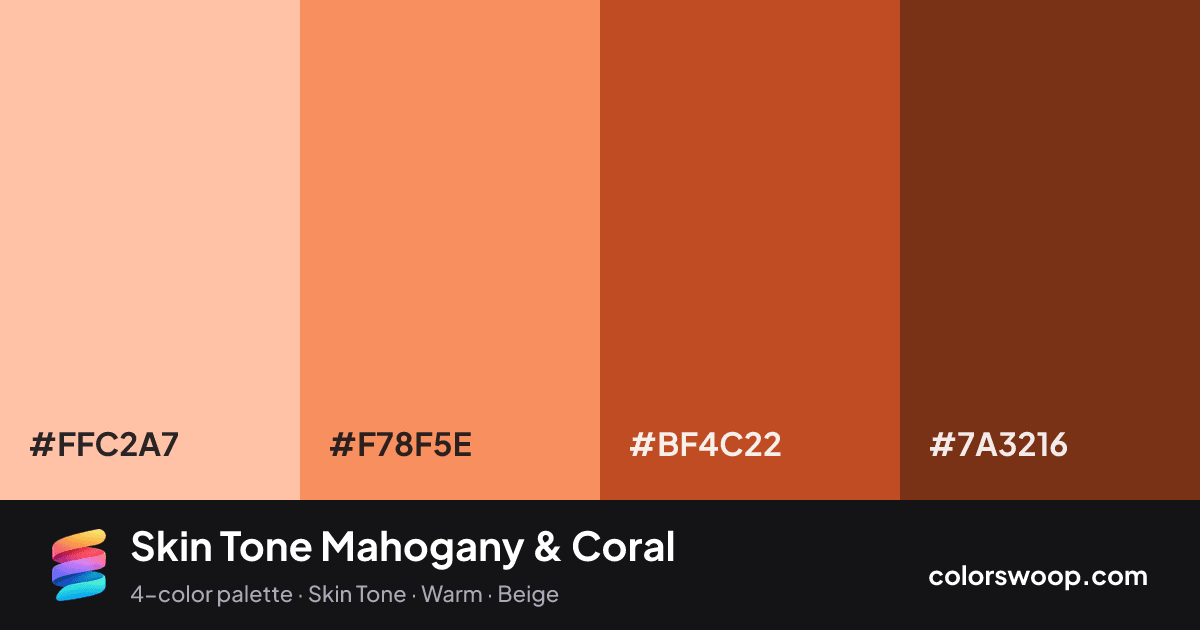 Skin Tone Mahogany & Coral color palette card: Melon #FFC2A7, Coral #F78F5E, Mahogany #BF4C22, Chocolate #7A3216
