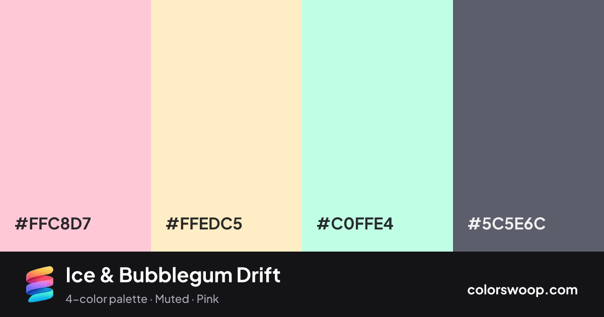 Ice & Bubblegum Drift color palette card: Bubblegum #FFC8D7, Papaya #FFEDC5, Ice #C0FFE4, Storm #5C5E6C