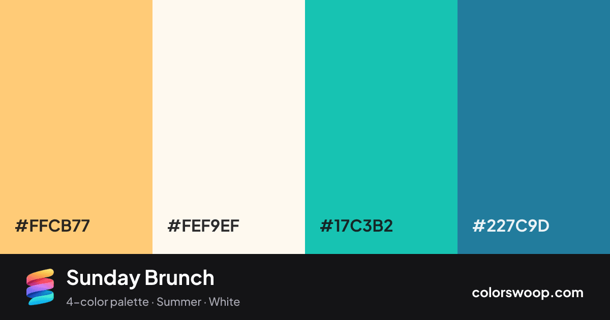 Sunday Brunch color palette card: Saffron #FFCB77, Snow #FEF9EF, Eucalyptus #17C3B2, Cerulean #227C9D