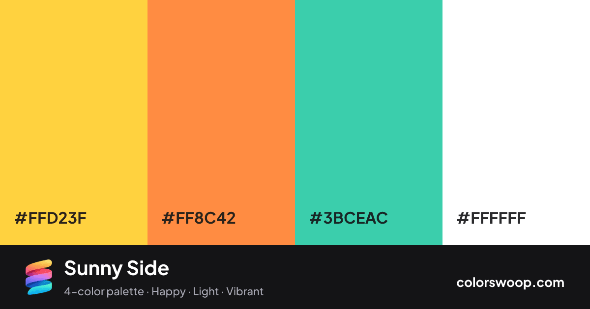 Sunny Side color palette card: Gold #FFD23F, Coral #FF8C42, Eucalyptus #3BCEAC, White #FFFFFF