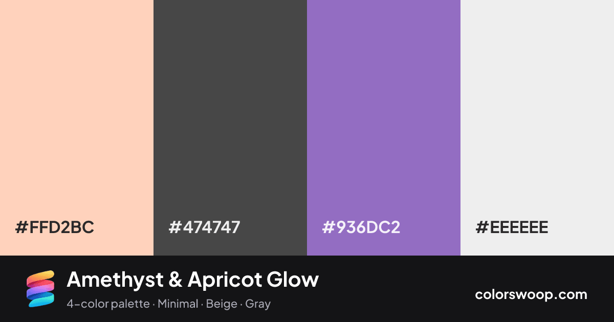 Amethyst & Apricot Glow color palette card: Apricot #FFD2BC, Graphite #474747, Amethyst #936DC2, Frost #EEEEEE