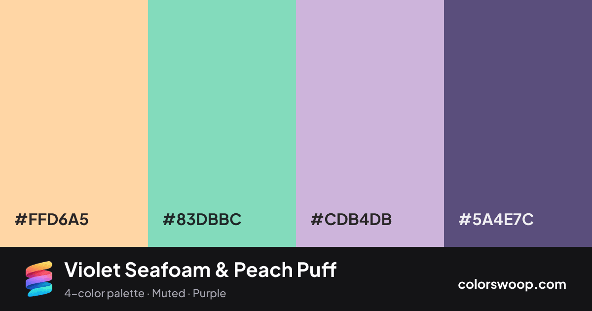 Violet Seafoam & Peach Puff color palette card: Peach Puff #FFD6A5, Seafoam #83DBBC, Thistle #CDB4DB, Dusk #5A4E7C