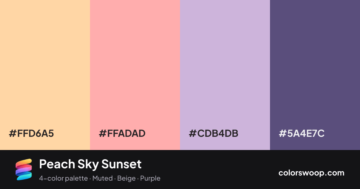 Peach Sky Sunset color palette card: Peach Puff #FFD6A5, Melon #FFADAD, Thistle #CDB4DB, Dusk #5A4E7C