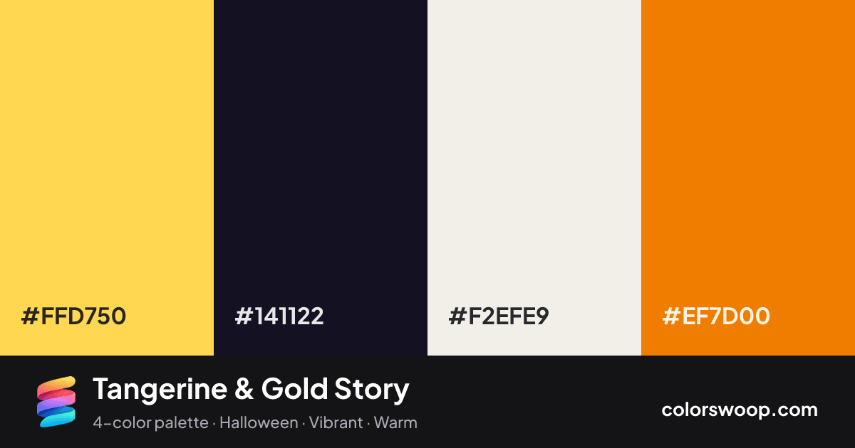 Tangerine & Gold Story color palette card: Gold #FFD750, Licorice #141122, Linen #F2EFE9, Tangerine #EF7D00