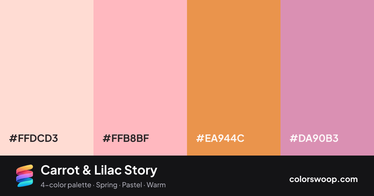 Carrot & Lilac Story color palette card: Petal #FFDCD3, Pink #FFB8BF, Carrot #EA944C, Lilac #DA90B3