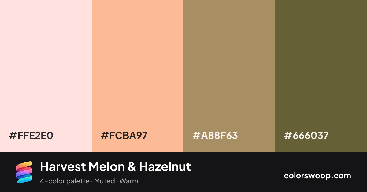 Harvest Melon & Hazelnut color palette card: Petal #FFE2E0, Melon #FCBA97, Hazelnut #A88F63, Coffee #666037