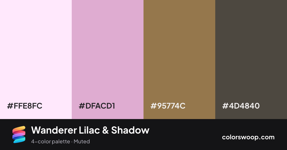 Wanderer Lilac & Shadow color palette card: Petal #FFE8FC, Lilac #DFACD1, Shadow #95774C, Graphite #4D4840