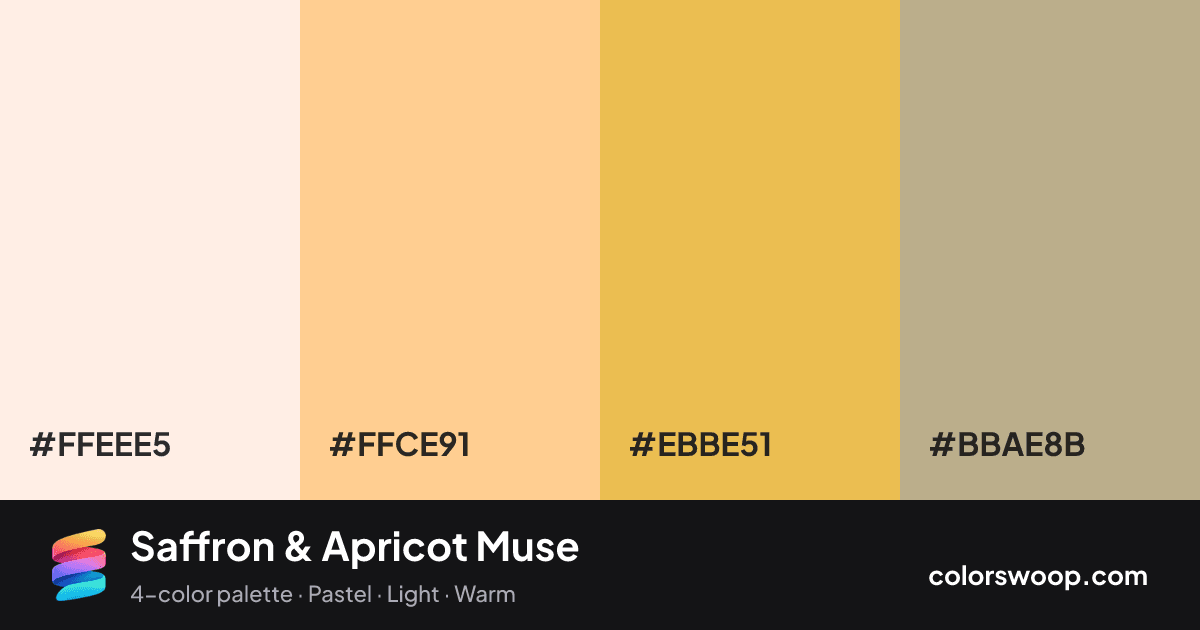 Saffron & Apricot Muse color palette card: Linen #FFEEE5, Apricot #FFCE91, Saffron #EBBE51, Khaki #BBAE8B