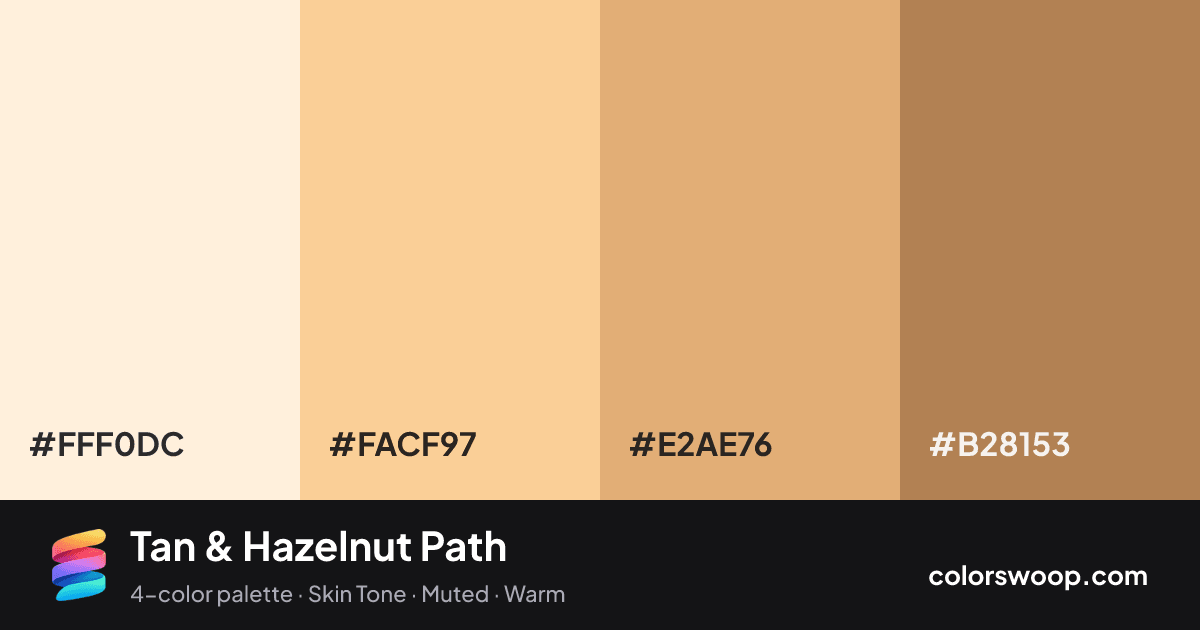 Tan & Hazelnut Path color palette card: Papaya #FFF0DC, Apricot #FACF97, Tan #E2AE76, Hazelnut #B28153