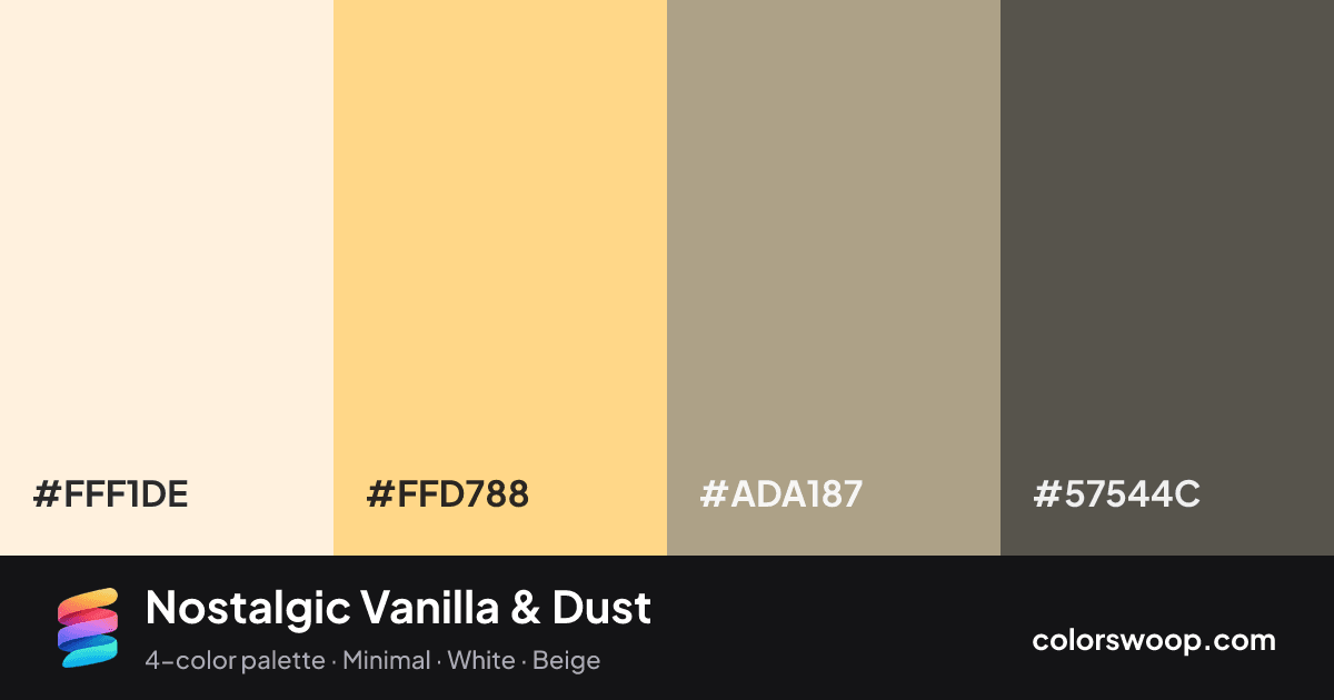 Nostalgic Vanilla & Dust color palette card: Papaya #FFF1DE, Vanilla #FFD788, Dust #ADA187, Umber #57544C