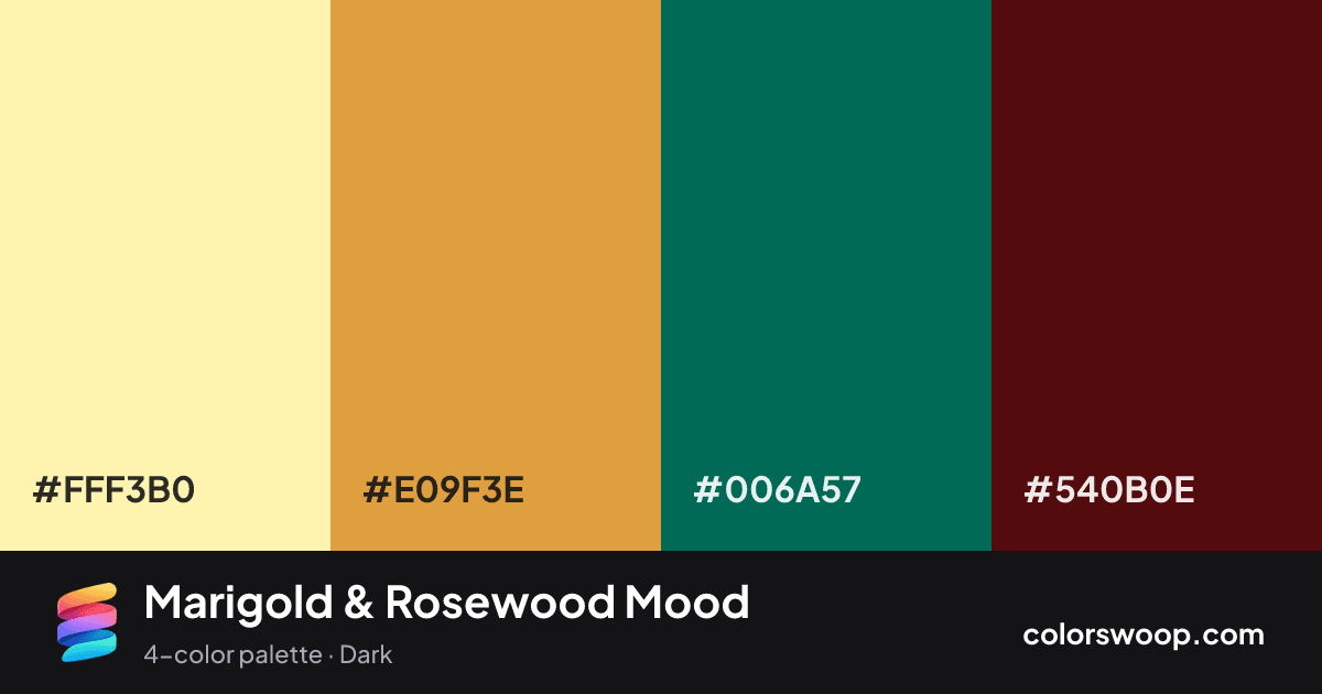Marigold & Rosewood Mood color palette card: Peach #FFF3B0, Marigold #E09F3E, Spruce #006A57, Rosewood #540B0E