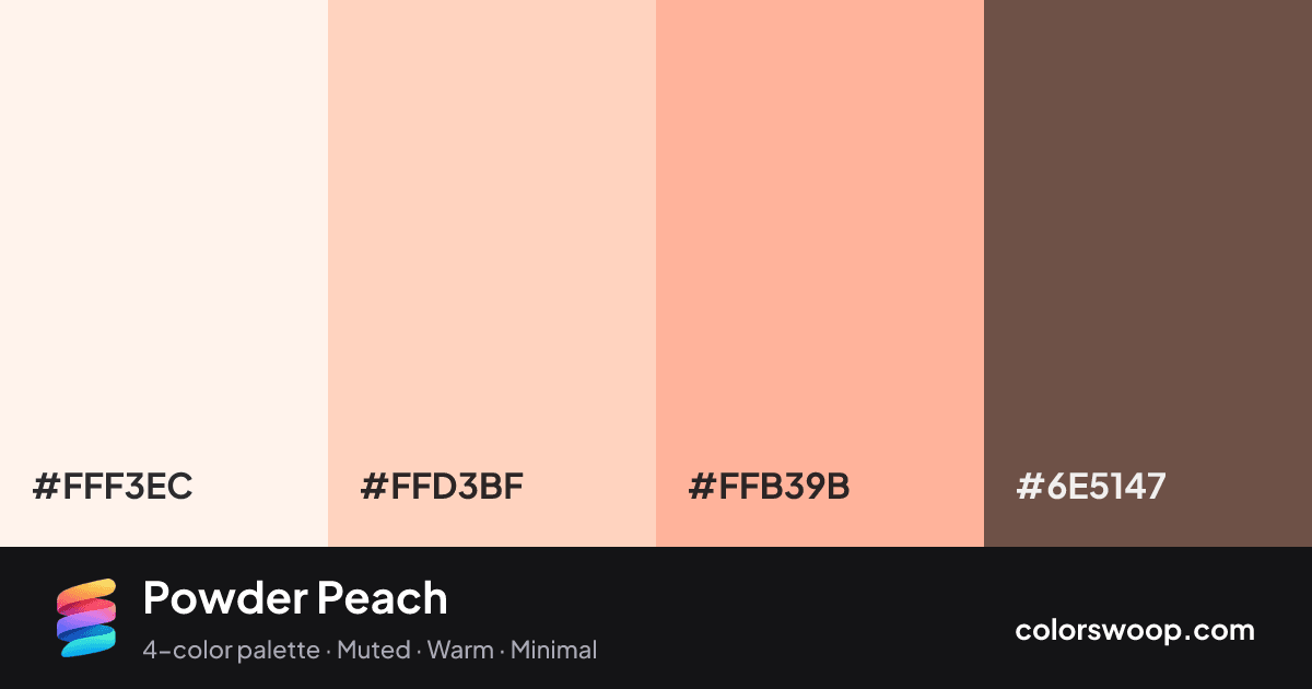 Powder Peach color palette card: Linen #FFF3EC, Apricot #FFD3BF, Melon #FFB39B, Umber #6E5147