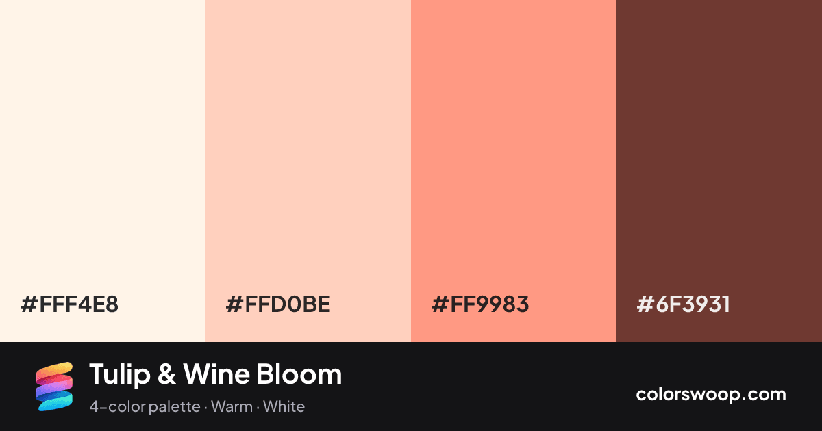 Tulip & Wine Bloom color palette card: Linen #FFF4E8, Apricot #FFD0BE, Tulip #FF9983, Wine #6F3931