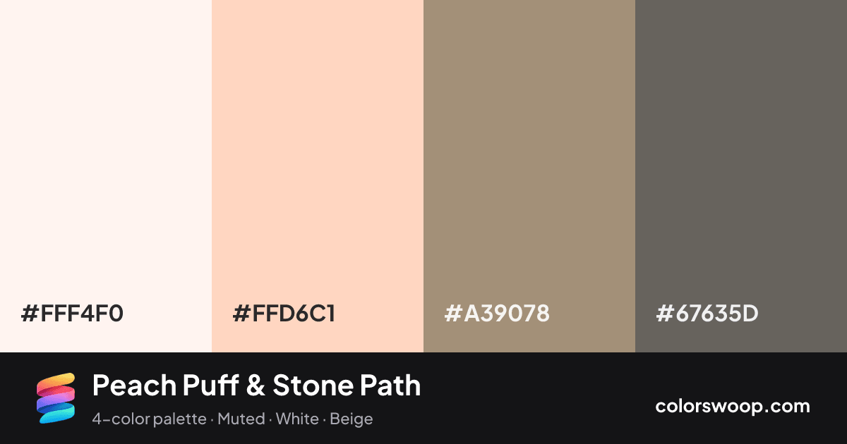 Peach Puff & Stone Path color palette card: Smoke #FFF4F0, Peach Puff #FFD6C1, Stone #A39078, Dove Gray #67635D