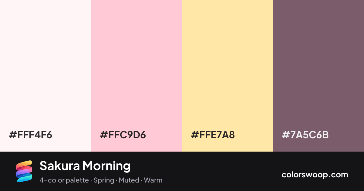 Sakura Morning color palette card: Smoke #FFF4F6, Bubblegum #FFC9D6, Peach #FFE7A8, Dove Gray #7A5C6B