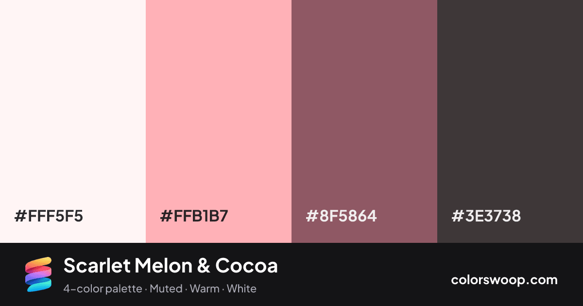 Scarlet Melon & Cocoa color palette card: Snow #FFF5F5, Melon #FFB1B7, Cocoa #8F5864, Onyx #3E3738