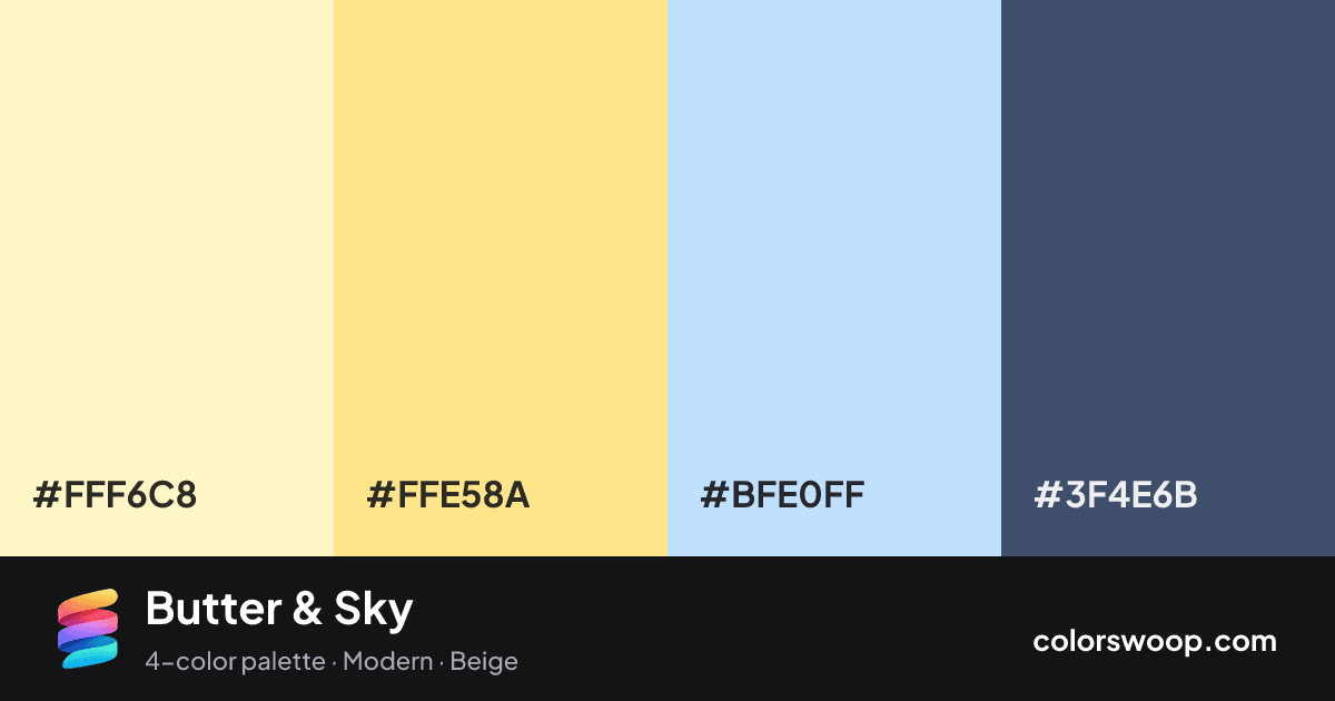 Butter & Sky color palette card: Cream #FFF6C8, Vanilla #FFE58A, Glacier #BFE0FF, Dusk #3F4E6B