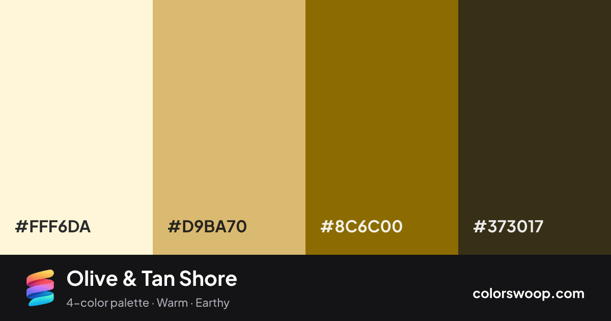 Olive & Tan Shore color palette card: Buttercream #FFF6DA, Tan #D9BA70, Olive #8C6C00, Jet #373017