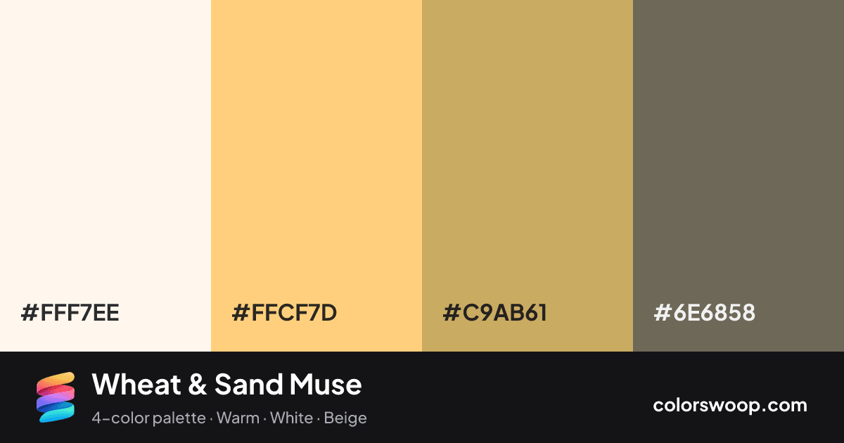 Wheat & Sand Muse color palette card: Snow #FFF7EE, Wheat #FFCF7D, Sand #C9AB61, Dove Gray #6E6858