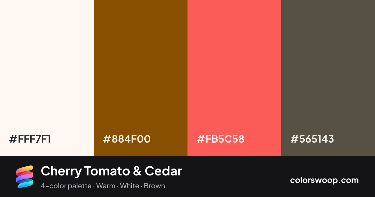 Cherry Tomato & Cedar color palette card: Snow #FFF7F1, Cedar #884F00, Tomato #FB5C58, Umber #565143