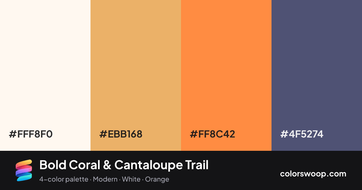 Bold Coral & Cantaloupe Trail color palette card: Snow #FFF8F0, Cantaloupe #EBB168, Coral #FF8C42, Dusk #4F5274