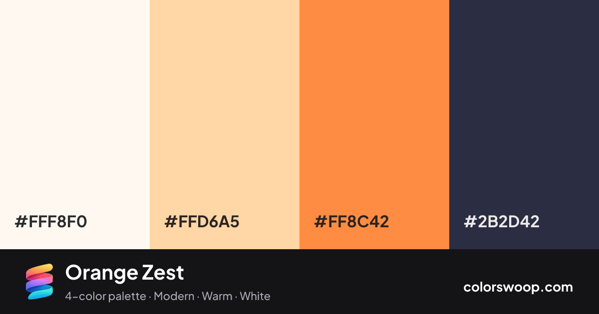 Orange Zest color palette card: Snow #FFF8F0, Peach Puff #FFD6A5, Coral #FF8C42, Gunmetal #2B2D42