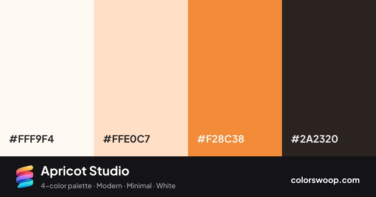 Apricot Studio color palette card: Snow #FFF9F4, Bisque #FFE0C7, Carrot #F28C38, Raisin #2A2320
