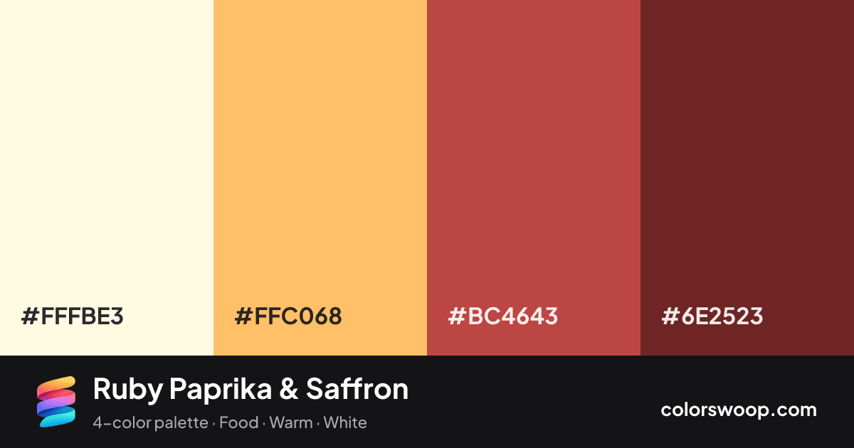Ruby Paprika & Saffron color palette card: Ivory #FFFBE3, Saffron #FFC068, Paprika #BC4643, Wine #6E2523
