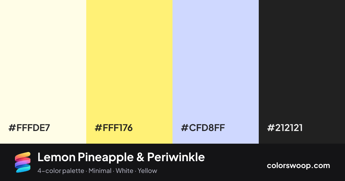 Lemon Pineapple & Periwinkle color palette card: Ivory #FFFDE7, Pineapple #FFF176, Periwinkle #CFD8FF, Raisin #212121