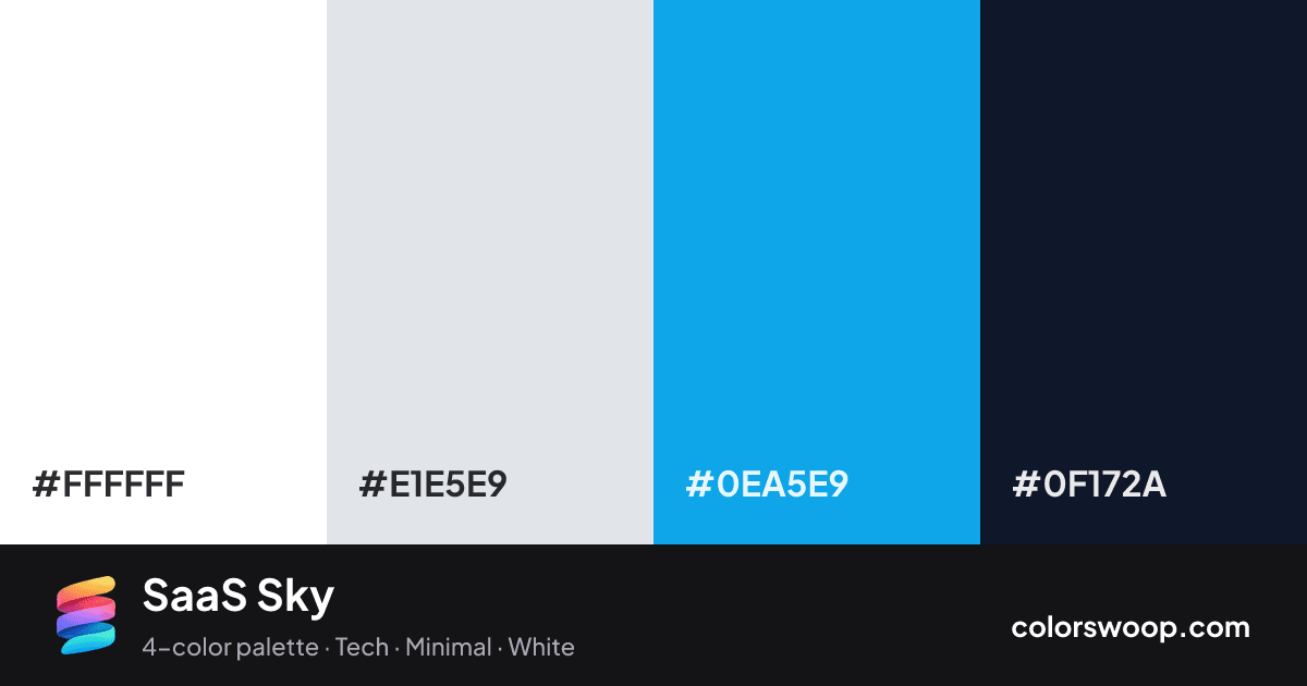 SaaS Sky color palette card: White #FFFFFF, Ice #E1E5E9, Cyan #0EA5E9, Ink #0F172A