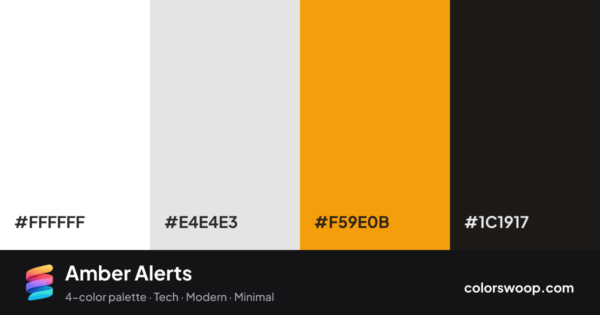 Amber Alerts color palette card: White #FFFFFF, Ice #E4E4E3, Marigold #F59E0B, Licorice #1C1917