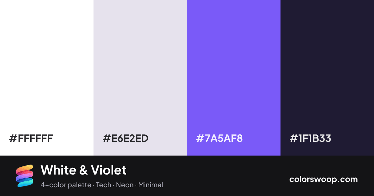 White & Violet color palette card: White #FFFFFF, Lavender #E6E2ED, Slate Blue #7A5AF8, Ink #1F1B33