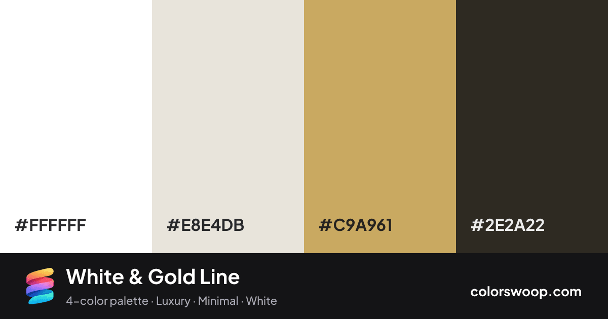 White & Gold Line color palette card: White #FFFFFF, Almond #E8E4DB, Sand #C9A961, Espresso #2E2A22